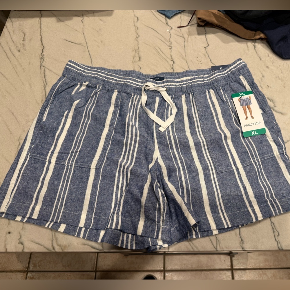 NAUTICA Women's Blue Shorts Size XL X-Large Striped Linen Boho Pockets NWT - Picture 5 of 15